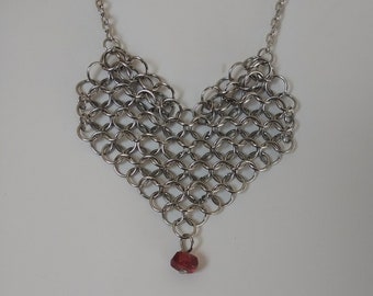 Chainmaille (or Chainmail) Heart with Garnet Bead, Rolo Chain Necklace