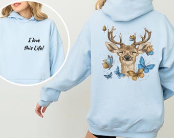 Hjorthuvud med blå fjärilar - Hoodie med locket "I love this Life!"