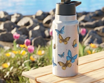 Blue and Gold Butterflies Tumbler 32oz Stainless Steel Water Bottle