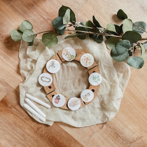 Op de afbeelding: Een houten paaskrans met acht ronde illustraties van religieuze symbolen. Witte kaarsen en groen omringen de krans. De opstelling staat op een beige doek en een houten oppervlak.