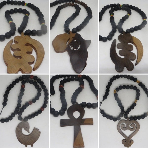 Bead Necklace Ebony Wood Pendant Adinkra Symbols Gye Nyame Sankofa Heart Africa Map Ankh Wooden Necklaces Bead Chain For Men, Made In Ghana