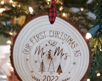 First Christmas as Mr & Mrs. wooden ornament - First Christmas Ornament - First Christmas married - Wood Slice Ornament - Christmas gift