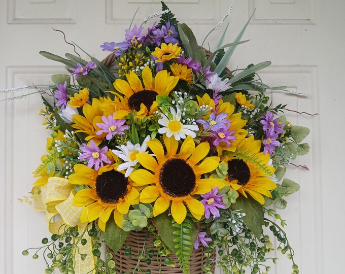 Spring Basket Door Wreath / Summer Basket for Front Door/ Sunflower ...
