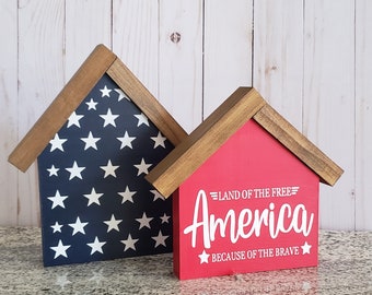Land of the Free, America, Patriotic Mini House Set, Wood Decor, Fourth of July/ Memorial Day Decor, Tiered Tray Decor
