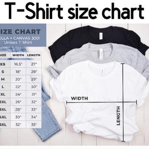 Peut inclure: Tableau des tailles pour les t-shirts unisexes Bella + Canvas 3001. Le tableau indique les tailles XS &agrave; 5XL avec les mesures de largeur et de longueur correspondantes en pouces.