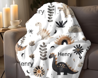 Couverture dinosaure personnalisée | Jeté en polaire dinosaure personnalisé | Cadeau dinosaure doux et confortable | Literie dinosaure unique | Couverture personnalisée