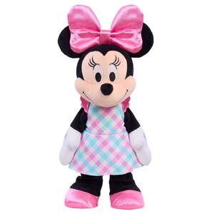 May include: A plush Minnie Mouse doll with a large pink bow, black ears, and a checkered dress in pink and blue. The doll has white gloves and pink shoes. The background is plain white.