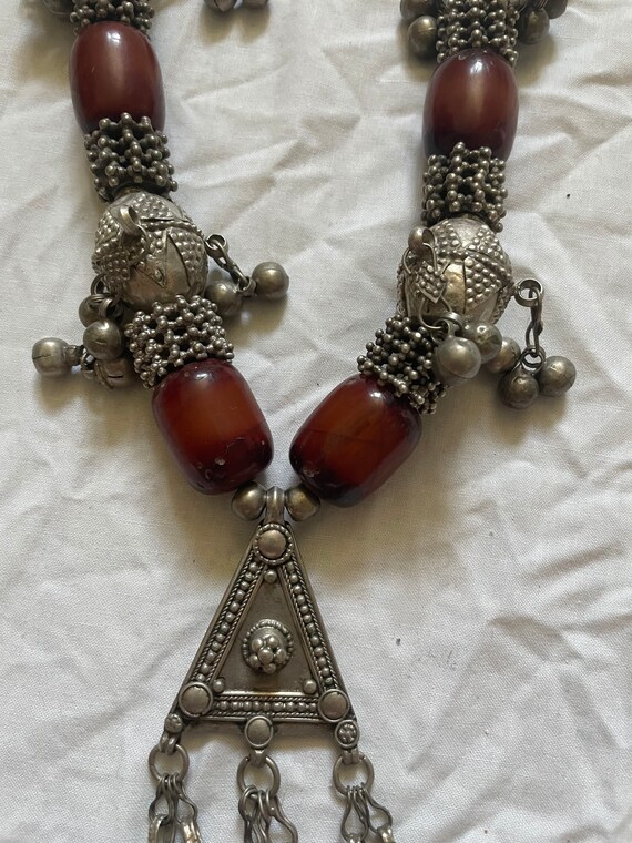 Collier Ancien En Argent Massif 925 Avec Ambre - 21 Grammes, Bijou Vintage Occasion