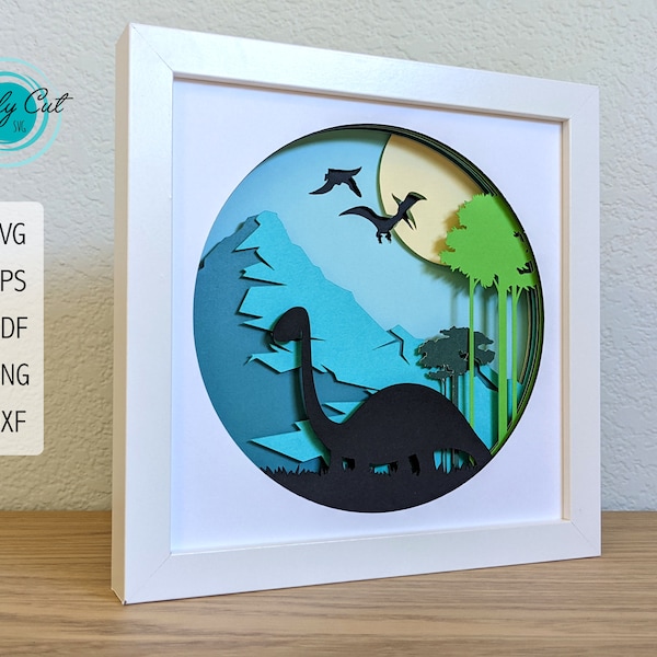 3D Dinosaur Shadow Box | Nursery Dino Decor Clipart | Dinosaur SVG | Layered Paper Art | 3D Paper Art | Brontosaurus
