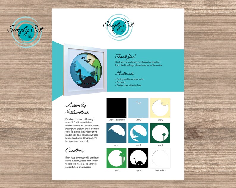 May include: A digital download of a shadow box template featuring a dinosaur silhouette with a green, blue, and yellow colour scheme. The template includes assembly instructions and a list of materials needed, including a cutting machine, cardstock, and double-sided adhesive foam.