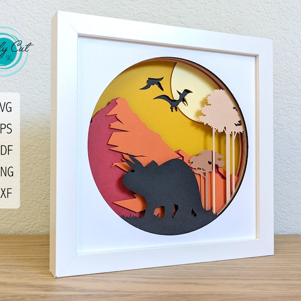 3D Dinosaur Shadow Box | Nursery Dino Decor Clipart | Dinosaur SVG | Layered Paper Art | 3D Paper Art | Triceratops