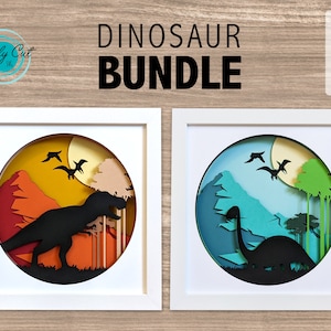 3D Dinosaur Shadow Box Double Bundle | Brontosaurus and T-Rex Shadow Boxes | Dinosaur SVG | Layered Paper Art | 3D Paper Art