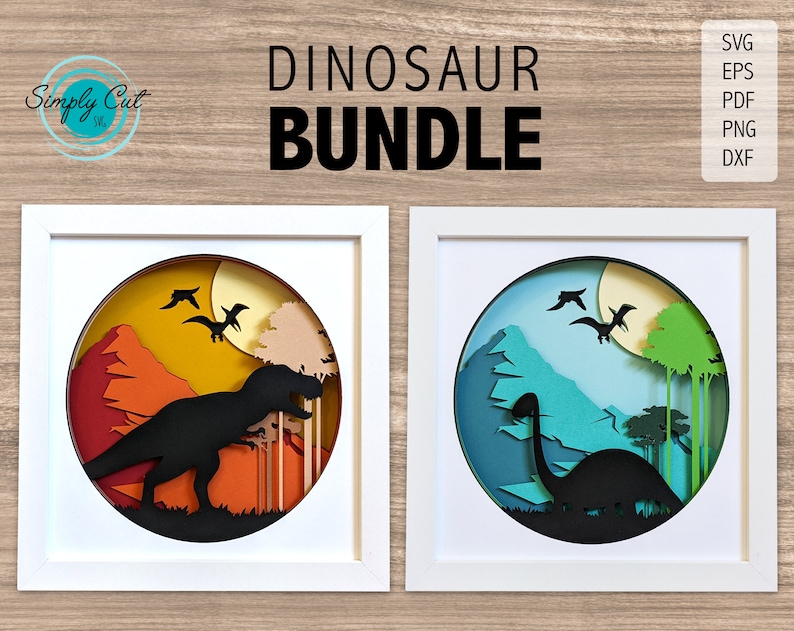 May include: Two white picture frames with a circular cutout. The left frame shows a silhouette of a Tyrannosaurus Rex dinosaur in a sunset landscape. The right frame shows a silhouette of a Brachiosaurus dinosaur in a blue and green landscape. Both frames have a moon and flying pterosaurs in the sky.
