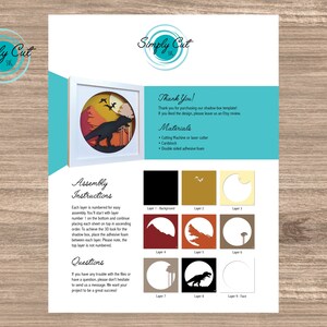 May include: A digital download of a layered papercraft design featuring a dinosaur silhouette in a sunset scene. The design includes nine layers, numbered for easy assembly. The instructions include a list of materials needed, such as a cutting machine, cardstock, and double-sided adhesive foam.
