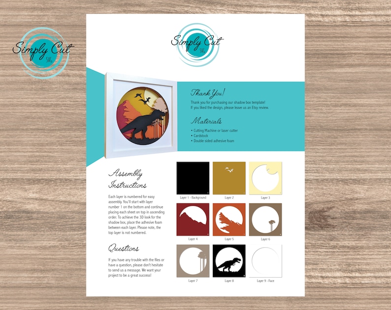 May include: A digital download of a layered papercraft design featuring a dinosaur silhouette in a sunset scene. The design includes nine layers, numbered for easy assembly. The instructions include a list of materials needed, such as a cutting machine, cardstock, and double-sided adhesive foam.