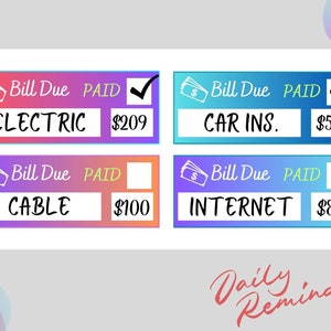 Bill Due Planner Stickers, Reminders, Bill Tracker, Happy Planner, Budget stickers, Bill Payment