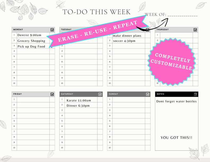 Weekly Repeat Printable Weekly To-do List | Customizable | Personalized | Template ...