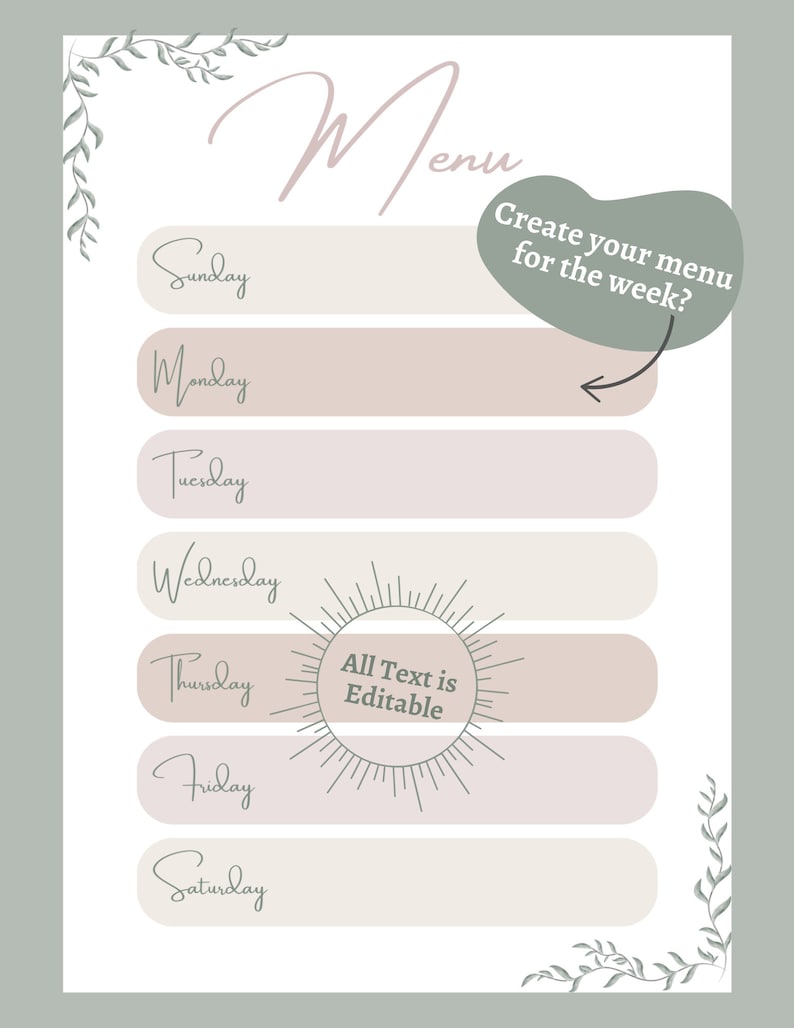 INSTANT DOWNLOAD Weekly Menu Printable, PDF, Meal Planning - Etsy