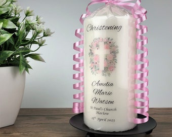 Personalised Christening Candle, 7cm x 15cm White Pillar Candle, Pink Floral Cross Christening / Baptism Keepsake for Boys or Girls