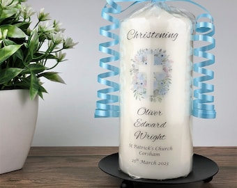 Personalised Christening Candle, 7cm x 15cm White Pillar Candle, Blue Floral Cross Christening / Baptism Keepsake for Boys or Girls