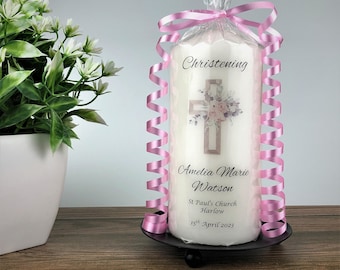 Personalised Pink Floral Cross Christening Candle, 7cm x 15cm White Pillar Candle, Christening / Baptism Keepsake Gift