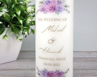 Wedding Candle, Personalised Purple Floral Wedding Pillar Candle 6x15cm Ivory / White, Wedding Gift, Wedding Favour, Wedding Keepsake