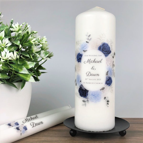 Personalised Wedding Unity Candle Set, Blue Floral, Wedding Ceremony Keepsake Gift