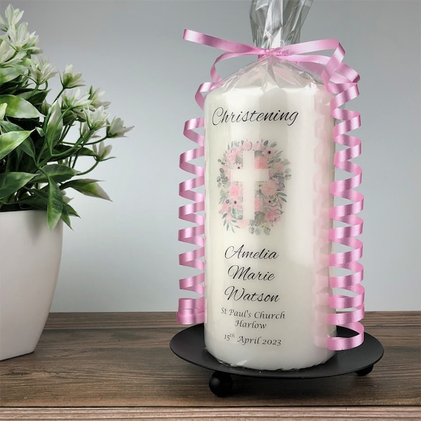 Personalised Christening Candle, 7cm x 15cm White Pillar Candle, Pink Floral Cross Christening / Baptism Keepsake for Boys or Girls