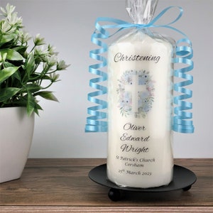 Personalised Christening Candle, 7cm x 15cm White Pillar Candle, Blue Floral Cross Christening / Baptism Keepsake for Boys or Girls