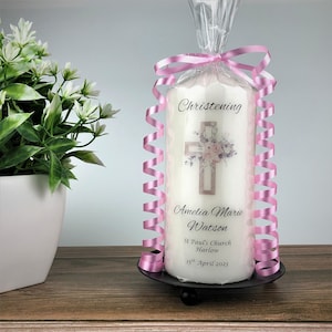 Personalised Pink Floral Cross Christening Candle, 7cm x 15cm White Pillar Candle, Christening / Baptism Keepsake Gift