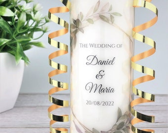 Personalised Wedding Candle, Botanical / Garden Wedding Favour Gift, Wedding Pillar Candle Ivory / White 6x15cm