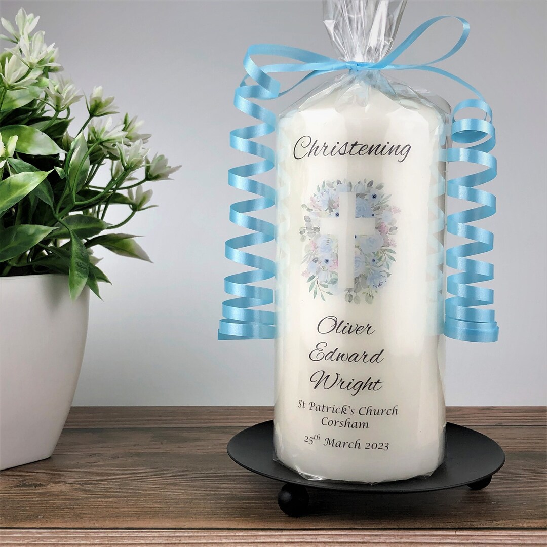 Personalised Christening Candle, 7cm X 15cm White Pillar Candle, Blue