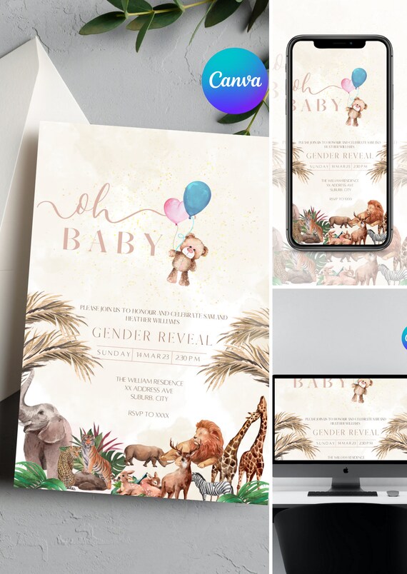 Safari Gender Reveal Invitation Digital Canva Template Etsy UK