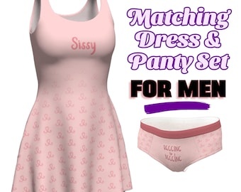 Vestido sissy y pidiendo un conjunto de bragas sissy pegging para hombres, entrenamiento sissy, vestido femdom y conjunto de ropa interior metida, corazones rosas suaves