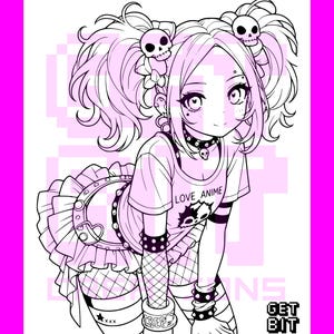 Pode incluir: Uma ilustra&ccedil;&atilde;o de arte linear em preto e branco de uma personagem com duas marias-chiquinhas adornadas com acess&oacute;rios de caveira. A personagem veste uma t-shirt com o texto LOVE ANIME, uma saia com folhos, meias de rede e uma gargantilha.