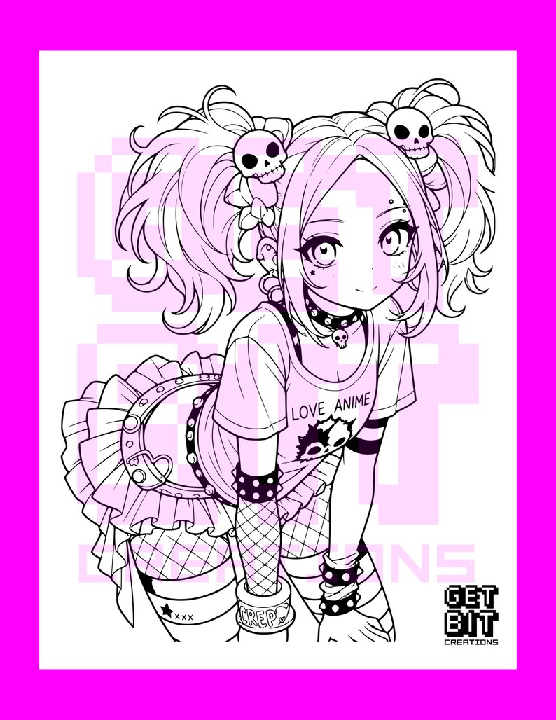 Pode incluir: Uma ilustra&ccedil;&atilde;o de arte linear em preto e branco de uma personagem com duas marias-chiquinhas adornadas com acess&oacute;rios de caveira. A personagem veste uma t-shirt com o texto LOVE ANIME, uma saia com folhos, meias de rede e uma gargantilha.