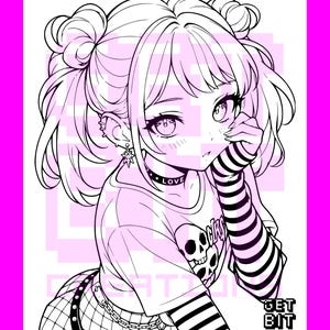 Pode incluir: Uma ilustra&ccedil;&atilde;o de arte linear em preto e branco de uma personagem com dois coques, vestindo uma t-shirt com um gr&aacute;fico de caveira, uma gargantilha com o texto LOVE e mangas a riscas. O texto GET BIT CREATIONS aparece no canto inferior.
