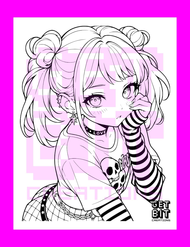Pode incluir: Uma ilustra&ccedil;&atilde;o de arte linear em preto e branco de uma personagem com dois coques, vestindo uma t-shirt com um gr&aacute;fico de caveira, uma gargantilha com o texto LOVE e mangas a riscas. O texto GET BIT CREATIONS aparece no canto inferior.