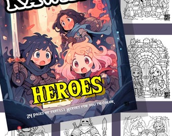 Pode incluir: Um livro de colorir intitulado All Things KAWAII HEROES com uma capa colorida apresentando três personagens estilo anime em armaduras de fantasia com espadas. A capa inclui o texto 24 PAGES OF FANTASY HEROES FOR YOU TO COLOR e várias páginas de arte em linha preto e branco.