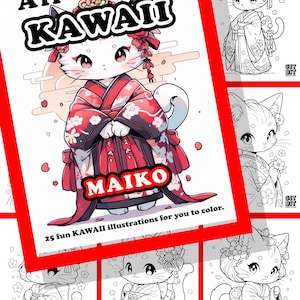 Può includere: Una copertina di un libro da colorare intitolata All Things KAWAII MAIKO con un'illustrazione centrale di un gatto vestito con un kimono rosso a fiori con ornamenti per capelli, circondato da disegni al tratto in bianco e nero di gatti.