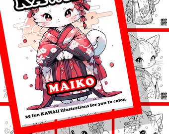 Pode incluir: Uma capa de livro de colorir intitulada All Things KAWAII MAIKO com uma ilustração central de um gato vestido com um quimono vermelho floral com enfeites de cabelo, rodeado por desenhos de linha em preto e branco de gatos.