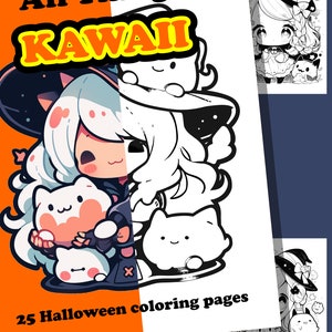 Kawaii coloring book Japanese style drawing Halloween digital coloring book gift Manga drawing coloring page Chibi coloring book,