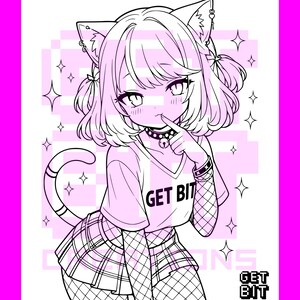Pode incluir: Uma ilustra&ccedil;&atilde;o de arte linear em preto e branco de um personagem com orelhas de gato, vestindo uma camiseta com decote em V com o texto GET BIT, uma saia xadrez e mangas de rede. O personagem tem uma coleira com sino e uma cauda.