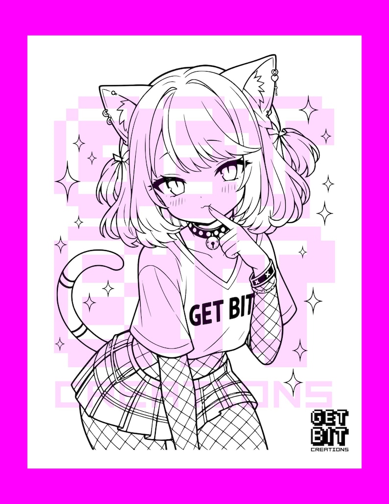 Pode incluir: Uma ilustra&ccedil;&atilde;o de arte linear em preto e branco de um personagem com orelhas de gato, vestindo uma camiseta com decote em V com o texto GET BIT, uma saia xadrez e mangas de rede. O personagem tem uma coleira com sino e uma cauda.