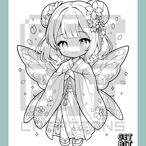 May include: A black and white line art coloring page featuring a chibi character with butterfly wings, wearing a kimono with floral patterns and hair ornaments. The text GET BIT CREATIONS is visible in the bottom right corner of the illustration.