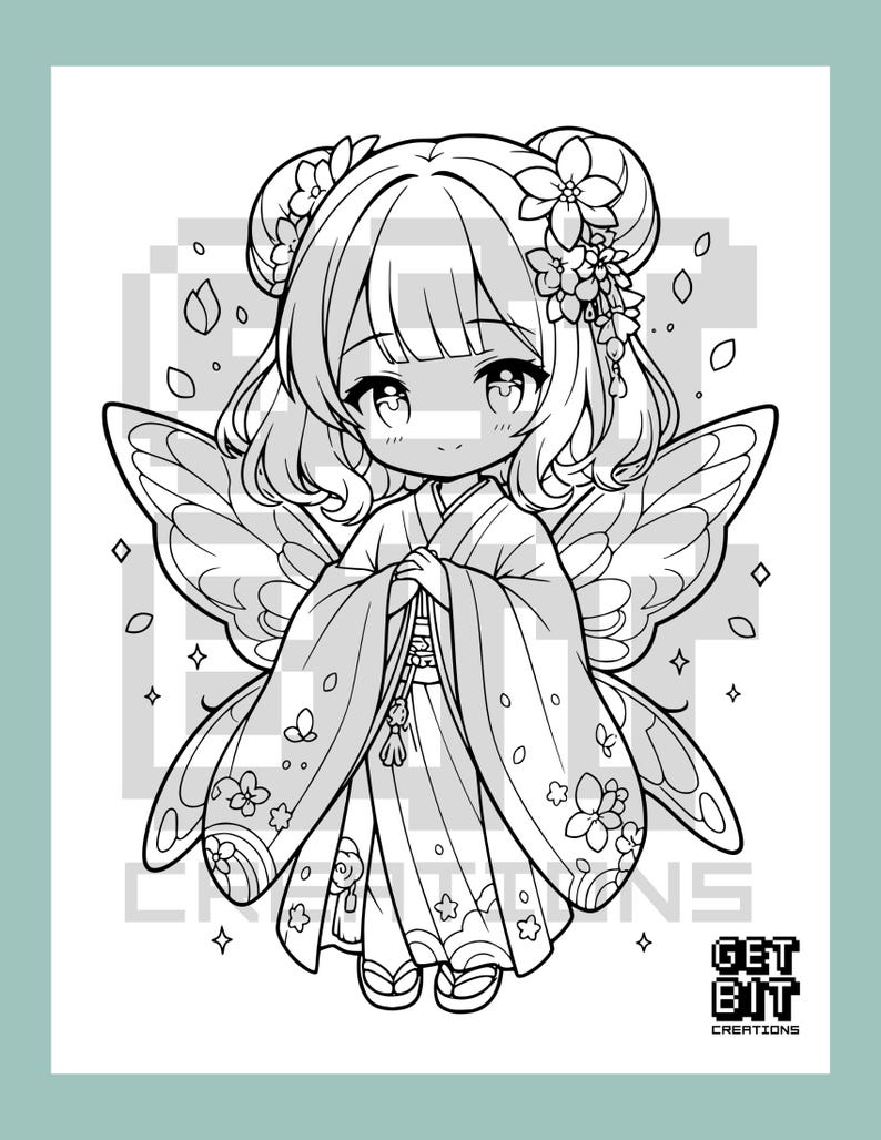 May include: A black and white line art coloring page featuring a chibi character with butterfly wings, wearing a kimono with floral patterns and hair ornaments. The text GET BIT CREATIONS is visible in the bottom right corner of the illustration.