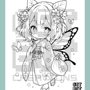 May include: A black and white line art coloring page featuring a chibi character with cat ears, wearing a kimono adorned with cherry blossoms. The character has butterfly wings, holds a small pouch, and is surrounded by butterflies. Text reads GET BIT CREATIONS.