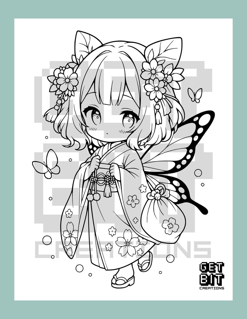 May include: A black and white line art coloring page featuring a chibi character with cat ears, wearing a kimono adorned with cherry blossoms. The character has butterfly wings, holds a small pouch, and is surrounded by butterflies. Text reads GET BIT CREATIONS.