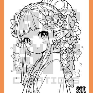 Pu&ograve; includere: Una pagina da colorare in bianco e nero raffigurante un personaggio con orecchie a punta, capelli acconciati adornati con diversi fiori e un kimono. Il testo GET BIT CREATIONS &egrave; visibile nell'angolo in basso a destra.