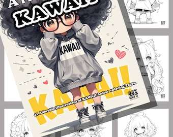 Coloriage kawaii, dessin animé japonais, anime mignon pour enfants, adolescents, livre de coloriage, cadeau pour adulte, amour des artistes, oeuvre d'art numérique manga